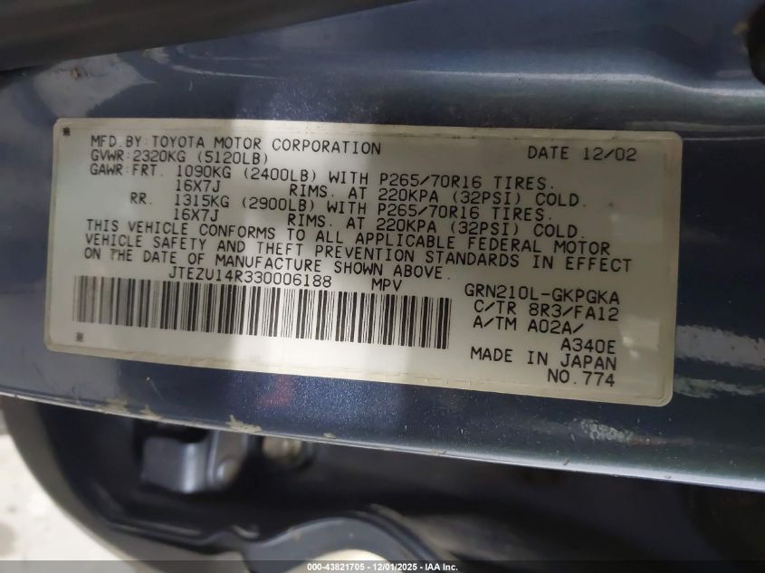 2003 Toyota 4Runner Sr5 V6 VIN: JTEZU14R330006188 Lot: 43821705