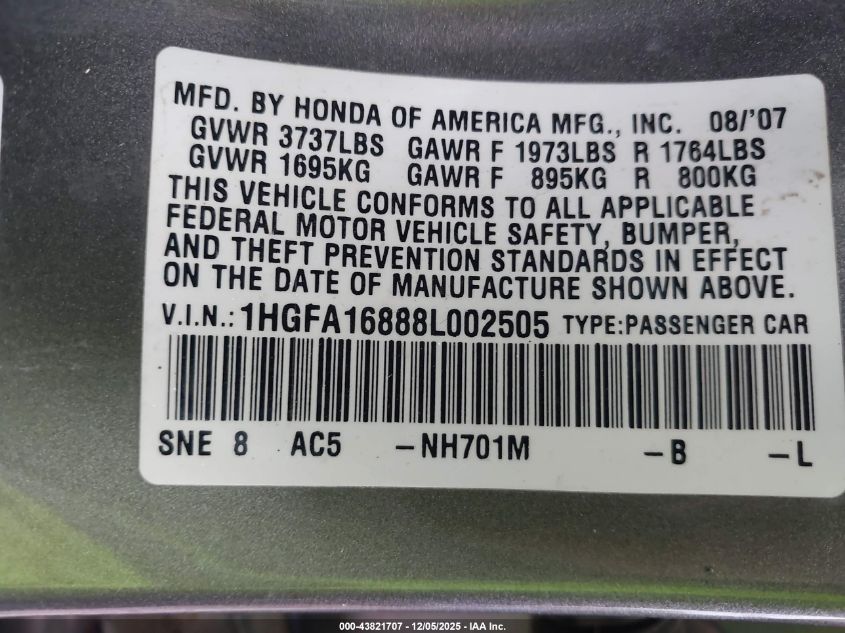 2008 Honda Civic Ex VIN: 1HGFA16888L002505 Lot: 43821707