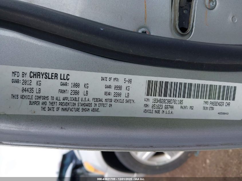 2008 Dodge Caliber Se VIN: 1B3HB28C98D761185 Lot: 43821709