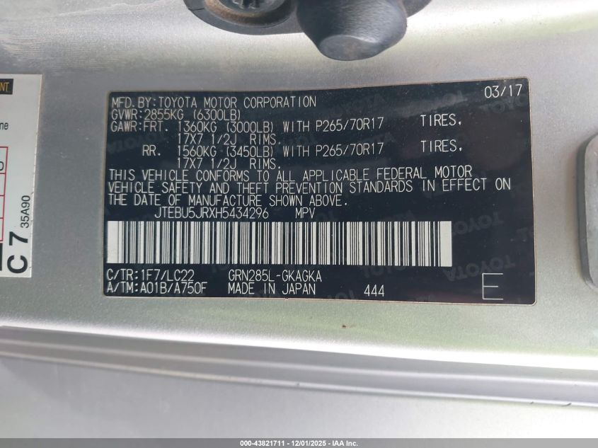 2017 Toyota 4Runner Trd Off Road Premium VIN: JTEBU5JRXH5434296 Lot: 43821711