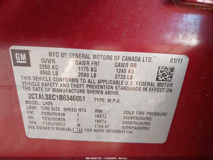 2011 GMC Terrain Sle-2 VIN: 2CTALSEC1B6346051 Lot: 43821723