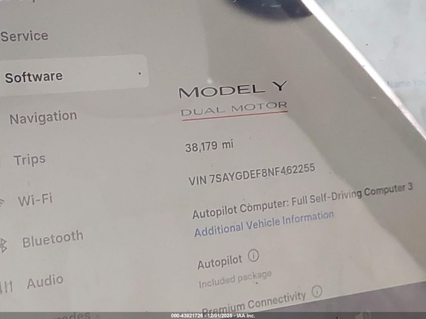 2022 Tesla Model Y Performance Dual Motor All-Wheel Drive VIN: 7SAYGDEF8NF462255 Lot: 43821726