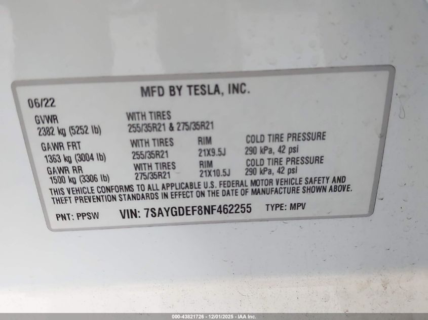 2022 Tesla Model Y Performance Dual Motor All-Wheel Drive VIN: 7SAYGDEF8NF462255 Lot: 43821726