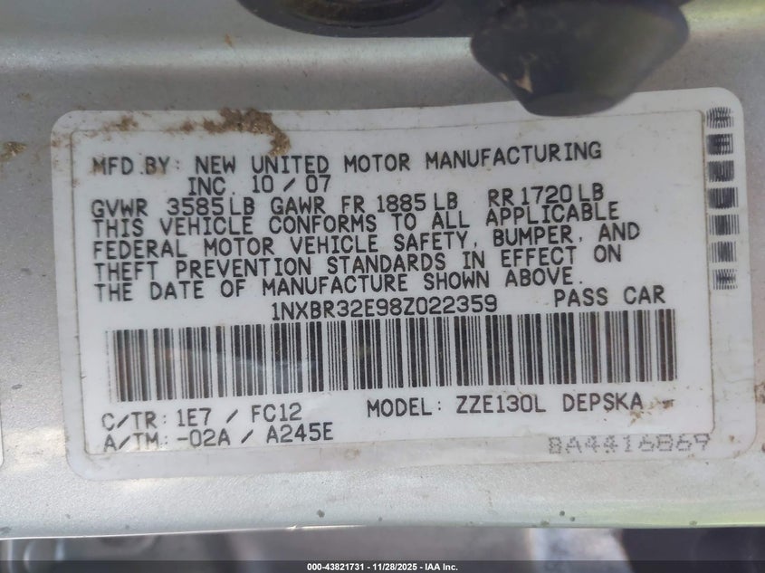 2008 Toyota Corolla S VIN: 1NXBR32E98Z022359 Lot: 43821731