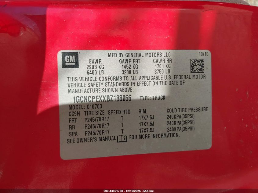 2011 Chevrolet Silverado 1500 Work Truck VIN: 1GCNCPEXXBZ188066 Lot: 43821738