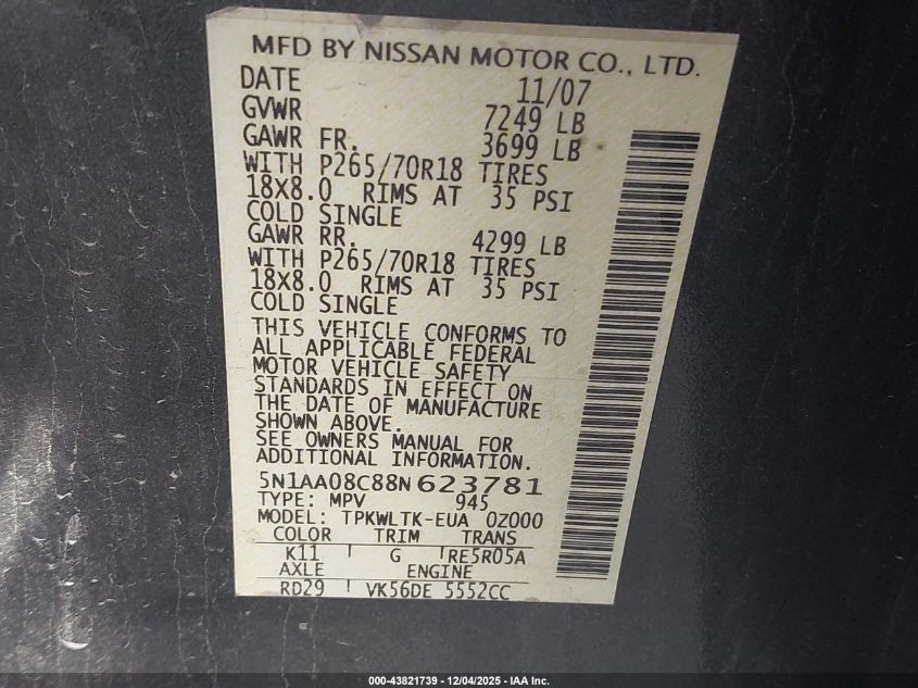 2008 Nissan Armada Se VIN: 5N1AA08C88N623781 Lot: 43821739