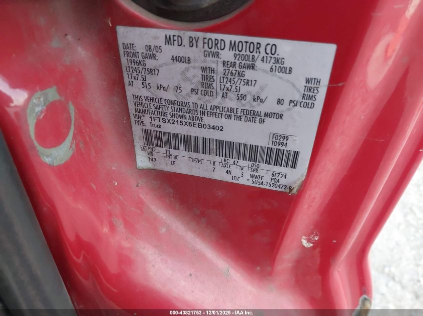 2006 Ford F-250 Lariat/Xl/Xlt VIN: 1FTSX215X6EB03402 Lot: 43821753