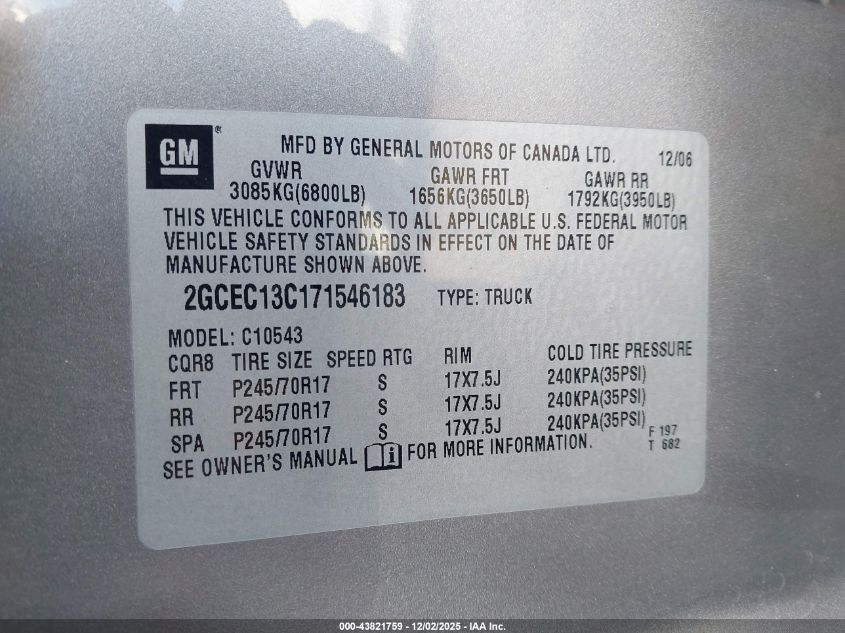 2007 Chevrolet Silverado 1500 Lt1 VIN: 2GCEC13C171546183 Lot: 43821759