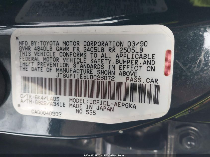 1990 Lexus Ls 400 VIN: JT8UF11E5L0028072 Lot: 43821770