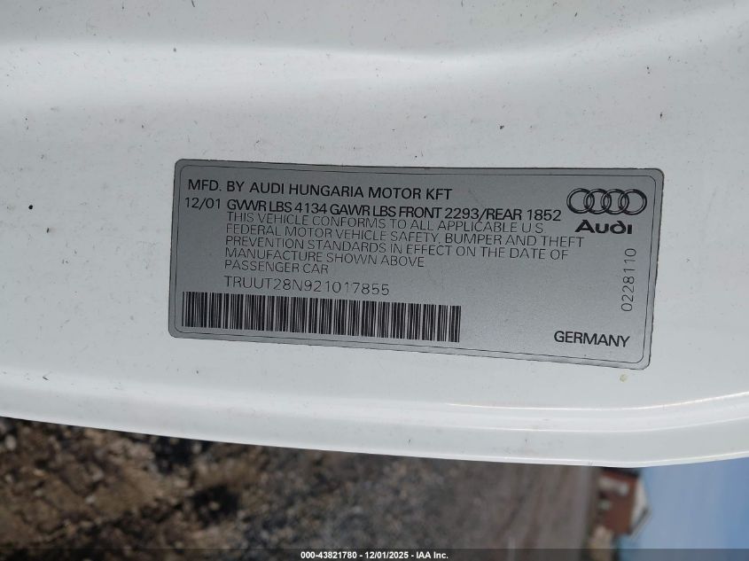 2002 Audi Tt 1.8L VIN: TRUUT28N921017855 Lot: 43821780