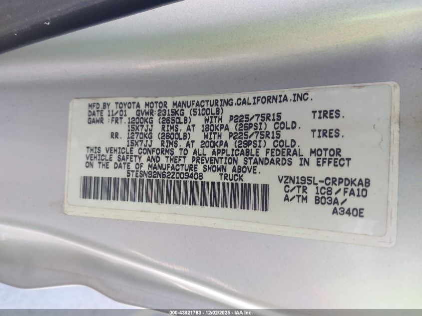 2002 Toyota Tacoma Prerunner V6 VIN: 5TESN92N62Z009408 Lot: 43821783