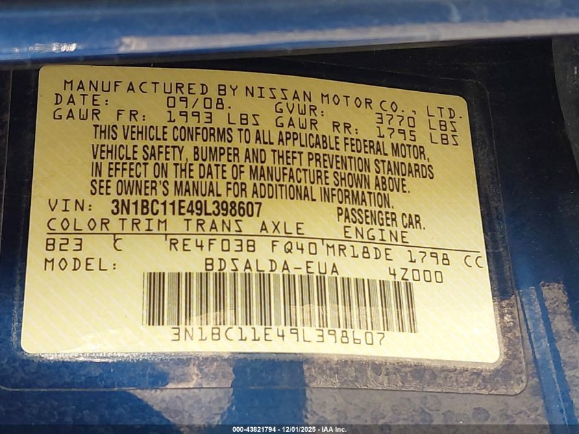 2009 Nissan Versa 1.8S VIN: 3N1BC11E49L398607 Lot: 43821794