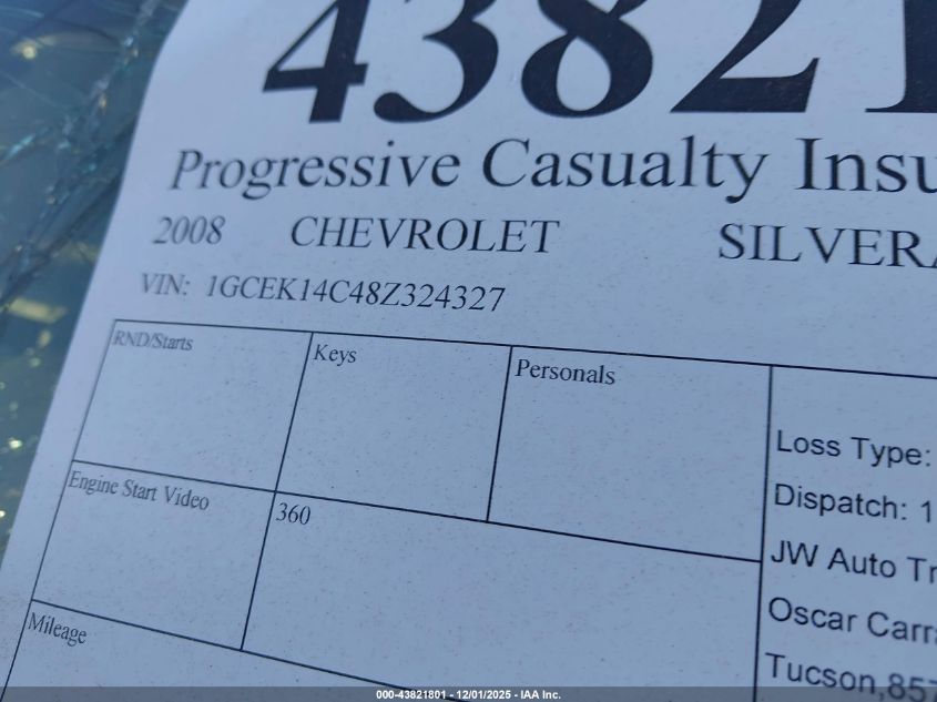 2008 Chevrolet Silverado 1500 Lt1 VIN: 1GCEK14C48Z324327 Lot: 43821801