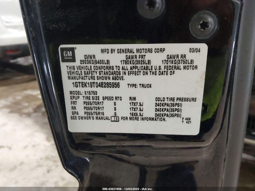 2004 GMC Sierra 1500 Sle VIN: 1GTEK19T04E285956 Lot: 43821806