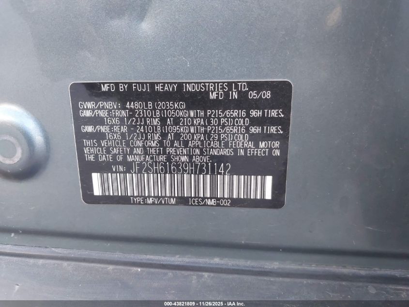 2009 Subaru Forester 2.5X VIN: JF2SH61639H731142 Lot: 43821809