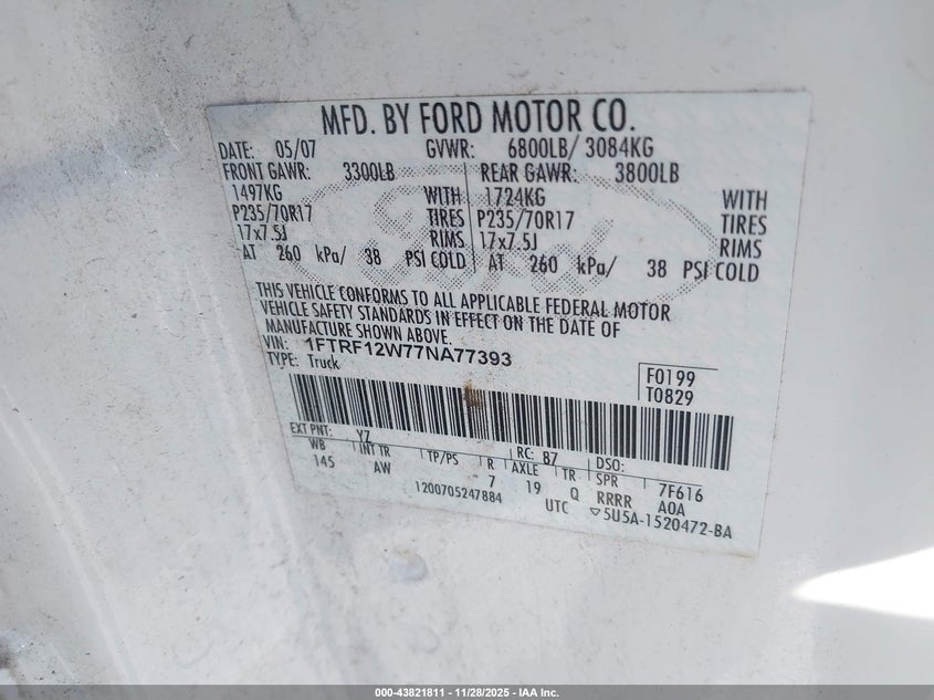 2007 Ford F-150 Stx/Xl/Xlt VIN: 1FTRF12W77NA77393 Lot: 43821811