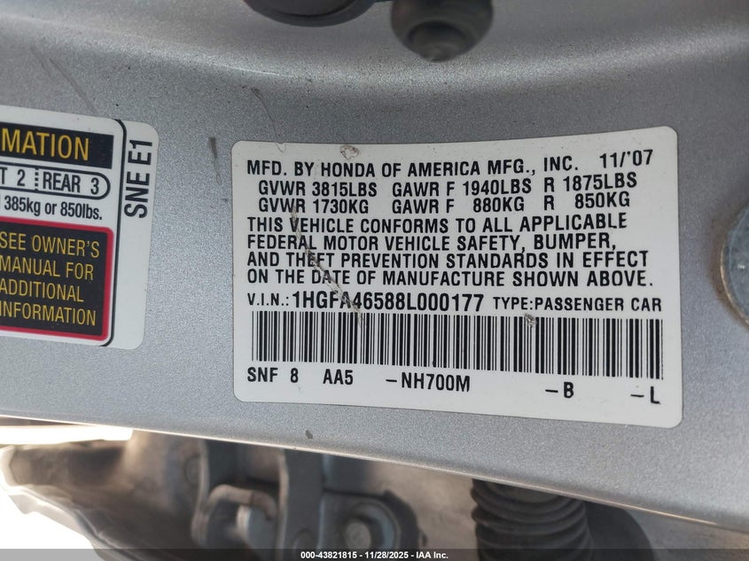 2008 Honda Civic Gx VIN: 1HGFA46588L000177 Lot: 43821815