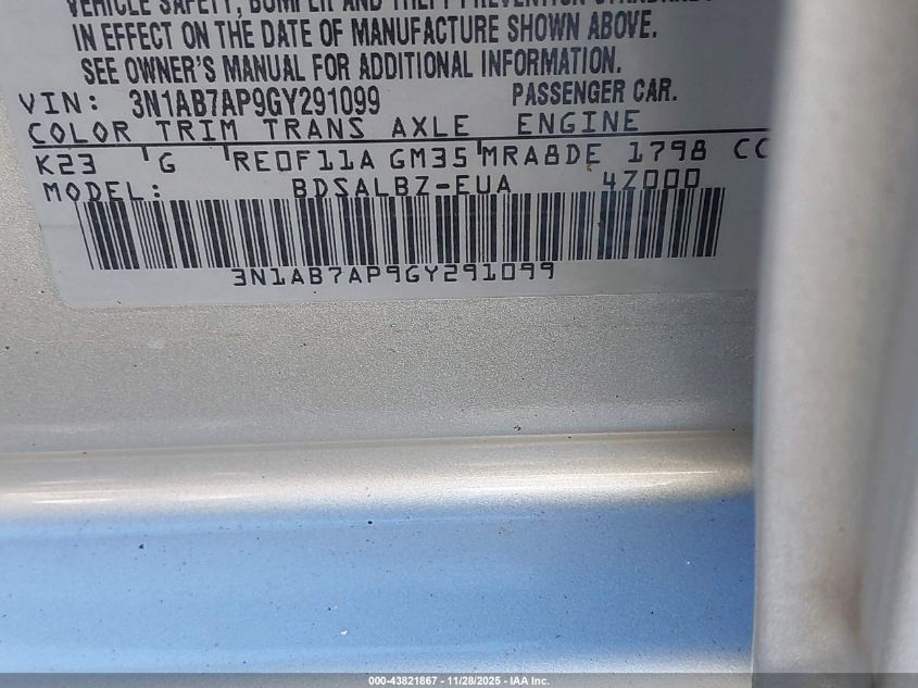 2016 Nissan Sentra S VIN: 3N1AB7AP9GY291099 Lot: 43821867