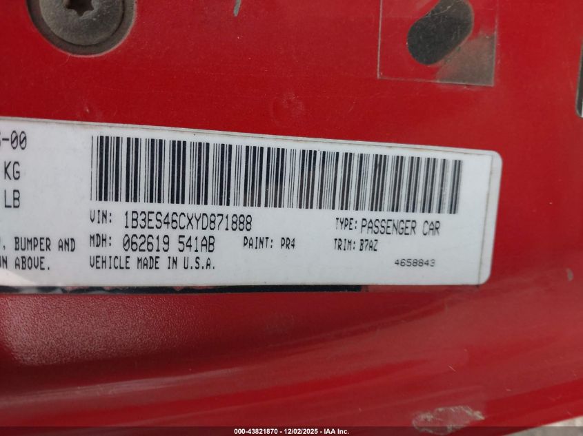 2000 Dodge Neon VIN: 1B3DS46CXYD871888 Lot: 43821870