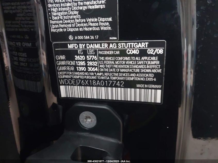 2008 Mercedes-Benz Cl 600 VIN: WDDEJ76X18A017742 Lot: 43821877