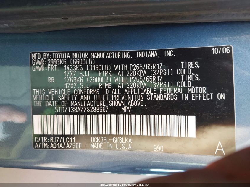 2007 Toyota Sequoia Limited V8 VIN: 5TDZT38A77S288667 Lot: 43821881