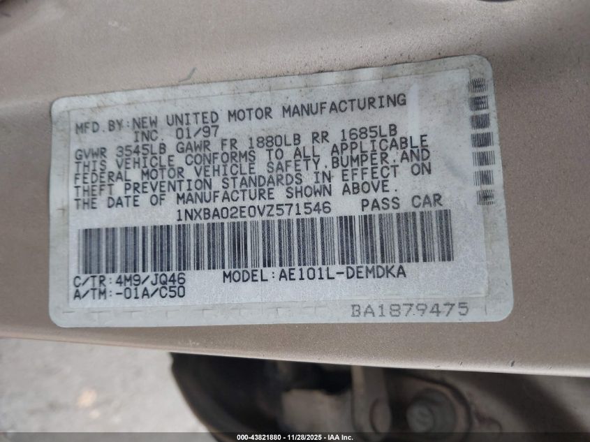 1997 Toyota Corolla Ce VIN: 1NXBA02E0VZ571546 Lot: 43821880