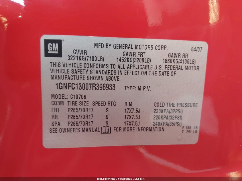 2007 Chevrolet Tahoe Ls VIN: 1GNFC13007R396933 Lot: 43821882