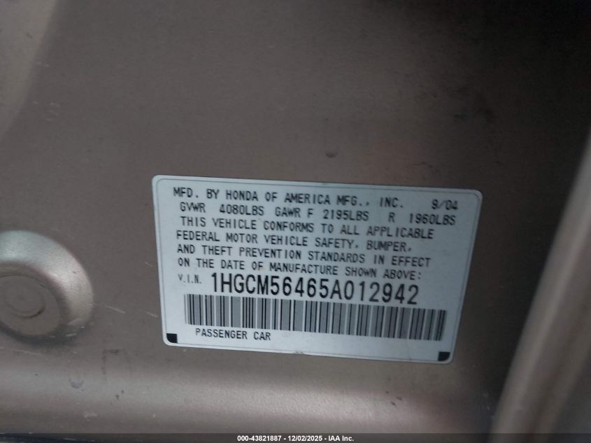 2005 Honda Accord 2.4 Lx VIN: 1HGCM56465A012942 Lot: 43821887