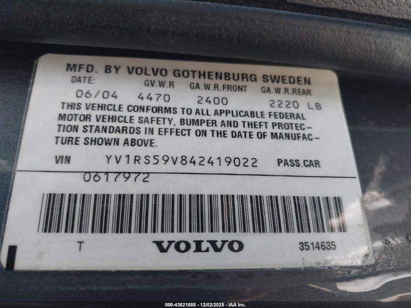 2004 Volvo S60 2.5T VIN: YV1RS59V842419022 Lot: 43821888