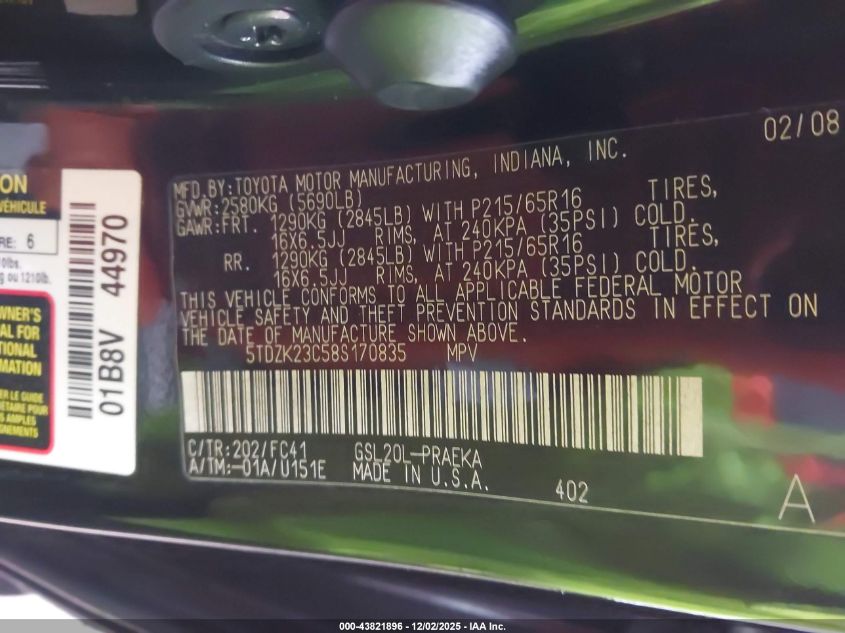 2008 Toyota Sienna Le VIN: 5TDZK23C58S170835 Lot: 43821896