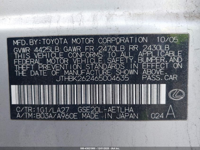 2006 Lexus Is 250 VIN: JTHBK262465004635 Lot: 43821900