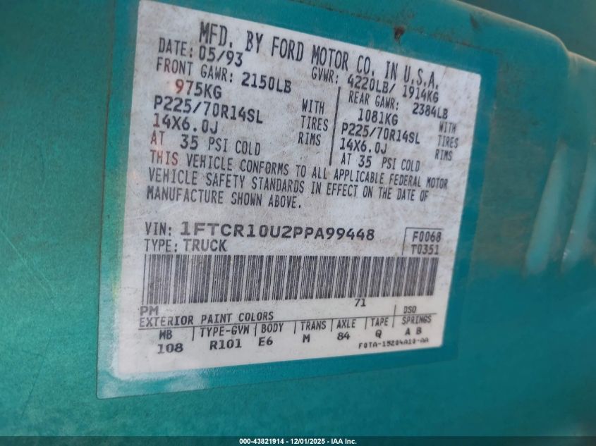 1993 Ford Ranger VIN: 1FTCR10U2PPA99448 Lot: 43821914