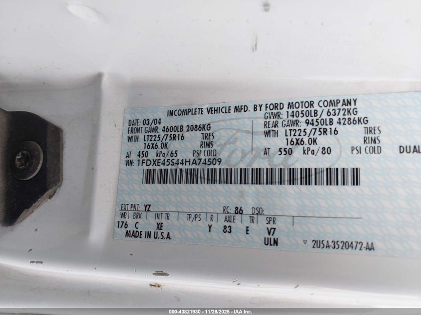 2004 Ford E-450 Cutaway Standard VIN: 1FDXE45S44HA74509 Lot: 43821930