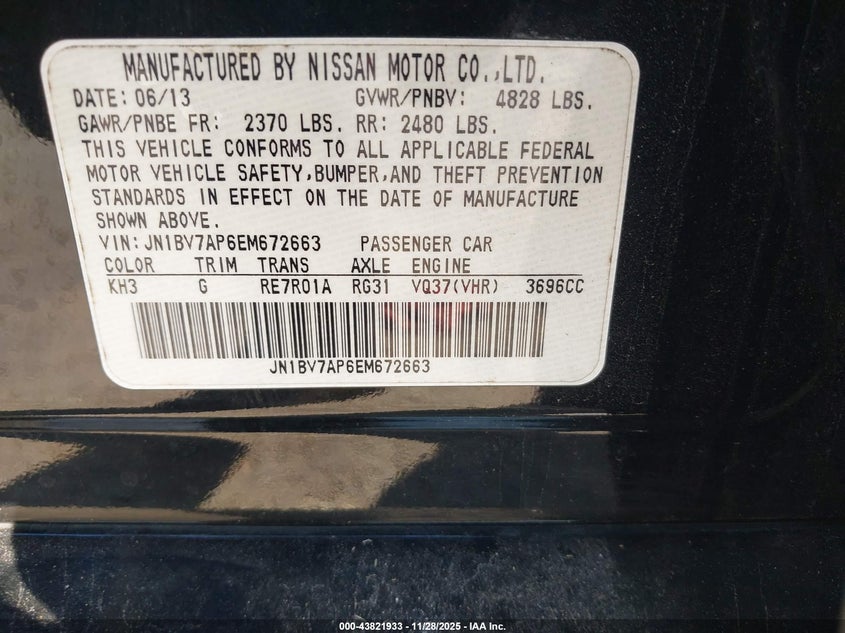 2014 Infiniti Q50 Sport VIN: JN1BV7AP6EM672663 Lot: 43821933