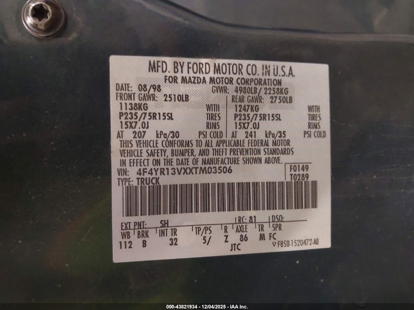 1999 Mazda B3000 Se VIN: 4F4YR13VXXTM03506 Lot: 43821934
