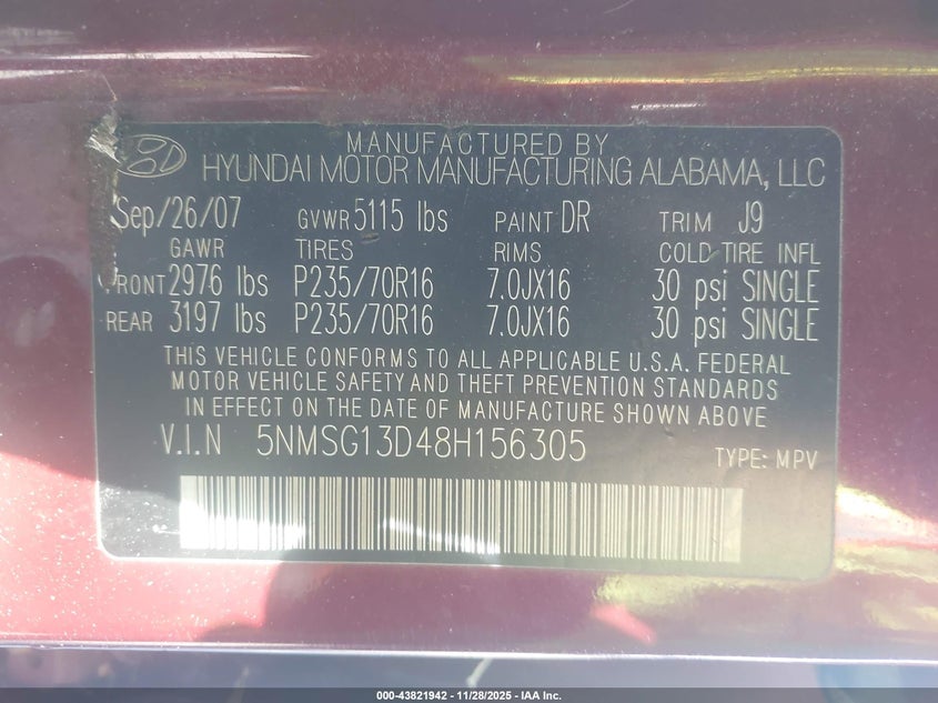2008 Hyundai Santa Fe Gls VIN: 5NMSG13D48H156305 Lot: 43821942