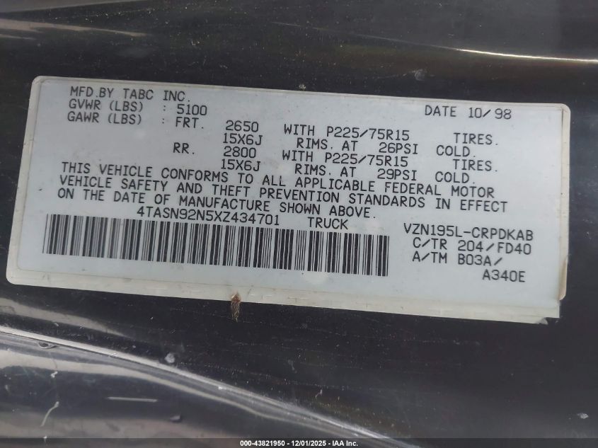 1999 Toyota Tacoma Prerunner V6 VIN: 4TASN92N5XZ434701 Lot: 43821950