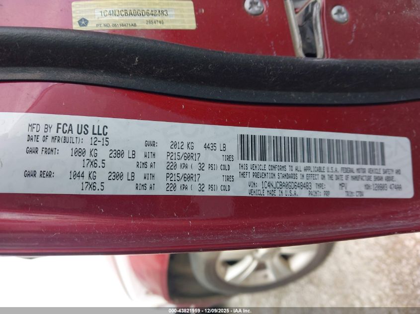 2016 Jeep Compass Sport VIN: 1C4NJCBA0GD648483 Lot: 43821959