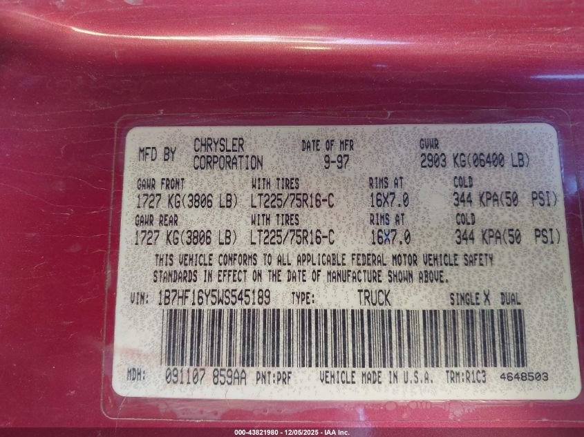 1998 Dodge Ram 1500 St VIN: 1B7HF16Y5WS545189 Lot: 43821980