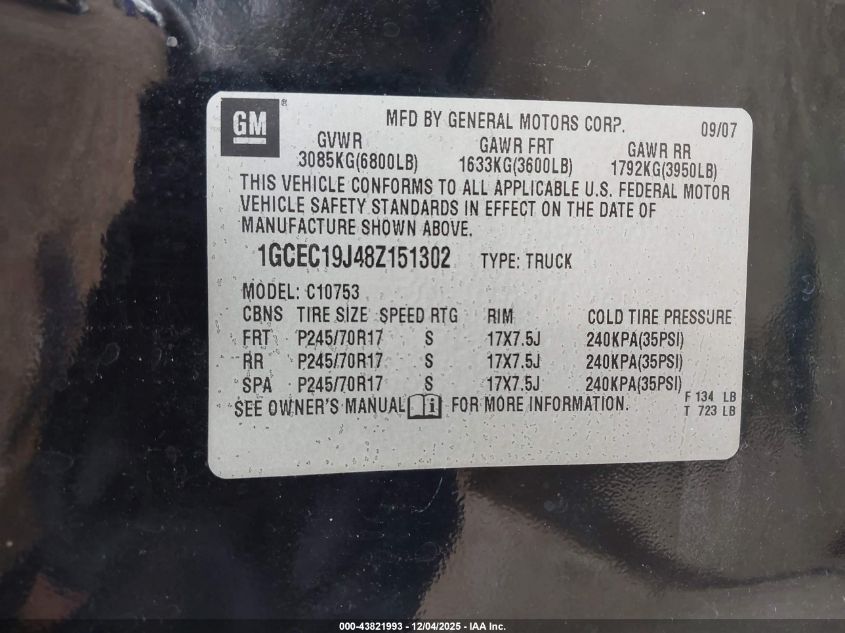 2008 Chevrolet Silverado 1500 Lt1 VIN: 1GCEC19J48Z151302 Lot: 43821993