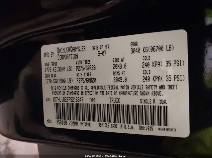 2007 Dodge Ram 1500 Slt/Trx4 Off Road/Sport VIN: 1D7HU18207S216647 Lot: 43821996