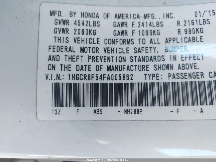 2015 Honda Accord Hybrid Ex-L VIN: 1HGCR6F54FA005862 Lot: 43822012