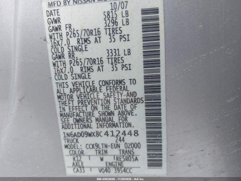 2008 Nissan Frontier Se VIN: 1N6AD09WX8C412448 Lot: 43822026