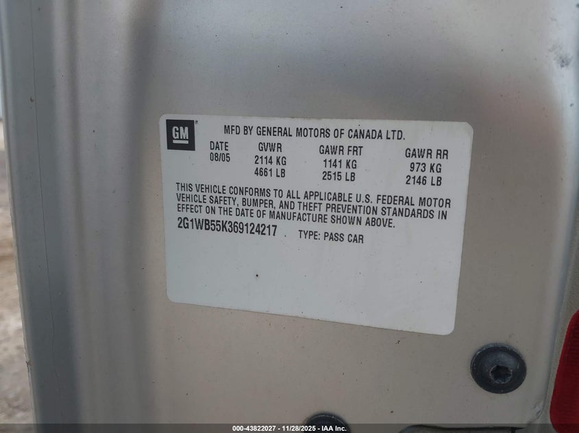 2006 Chevrolet Impala Ls VIN: 2G1WB55K369124217 Lot: 43822027