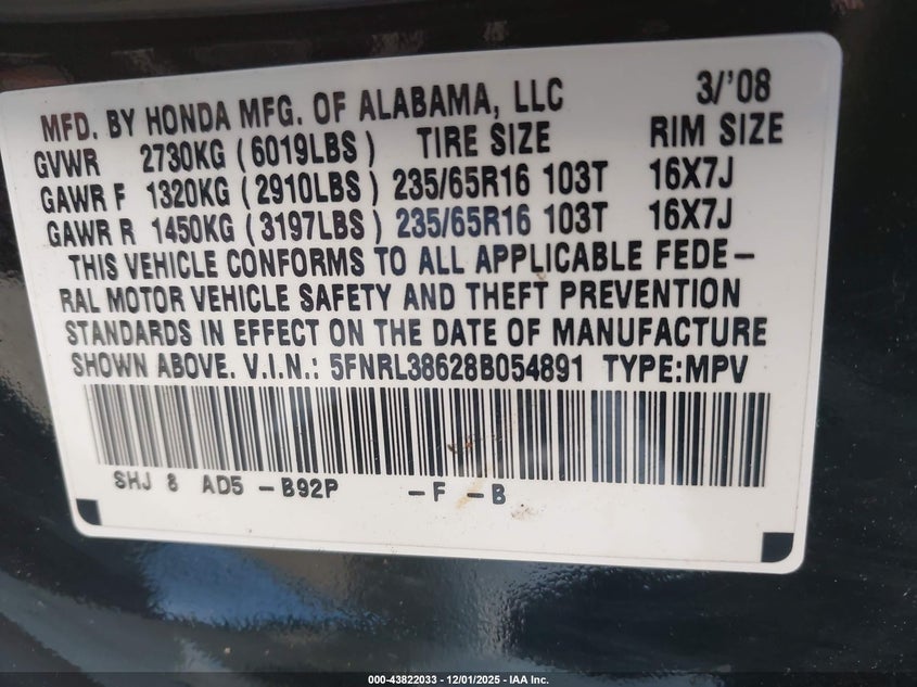 5FNRL38628B054891 2008 HONDA ODYSSEY photo no. 9