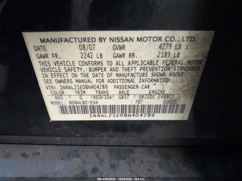 2008 Nissan Altima 2.5 S VIN: 1N4AL21E08N404289 Lot: 43822036