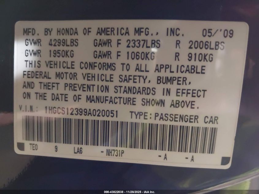 2009 Honda Accord 2.4 Lx-S VIN: 1HGCS12399A020051 Lot: 43822038