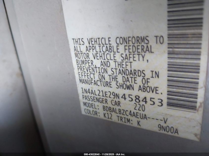 2009 Nissan Altima 2.5 S VIN: 1N4AL21E29N458453 Lot: 43822040