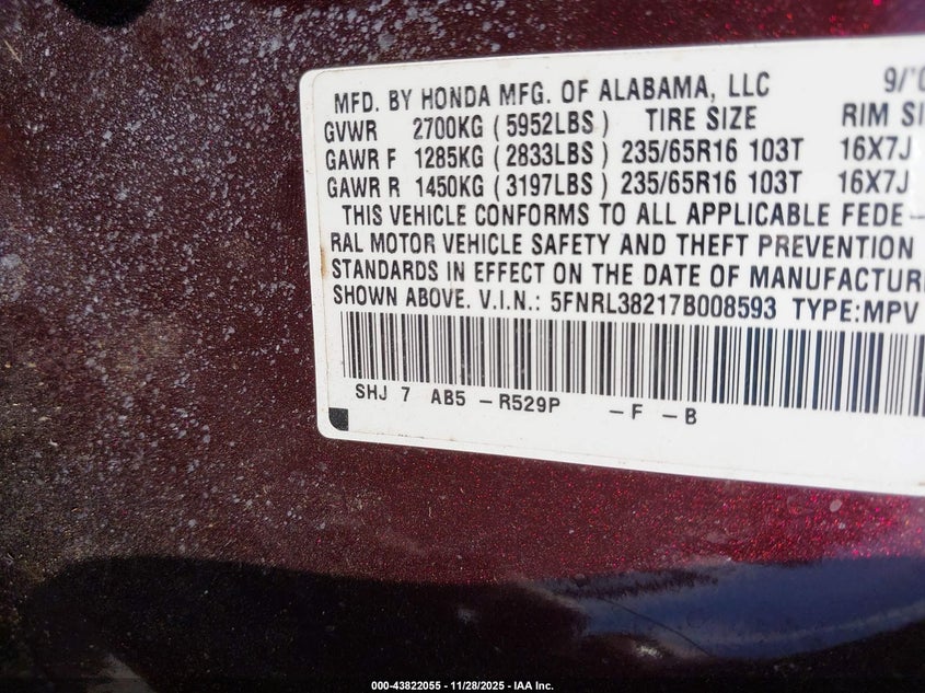 2007 Honda Odyssey Lx VIN: 5FNRL38217B008593 Lot: 43822055