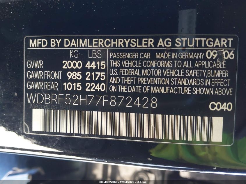 2007 Mercedes-Benz C 230 Sport VIN: WDBRF52H77F872428 Lot: 43822060